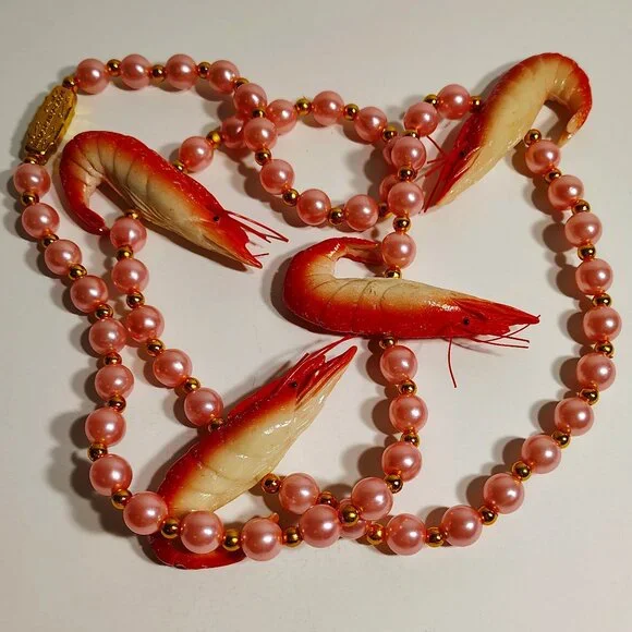 Crawfish Mardi Gras Beads Faux Pink Pearl Shrimp Nautical Necklace - Picture 1 of 7